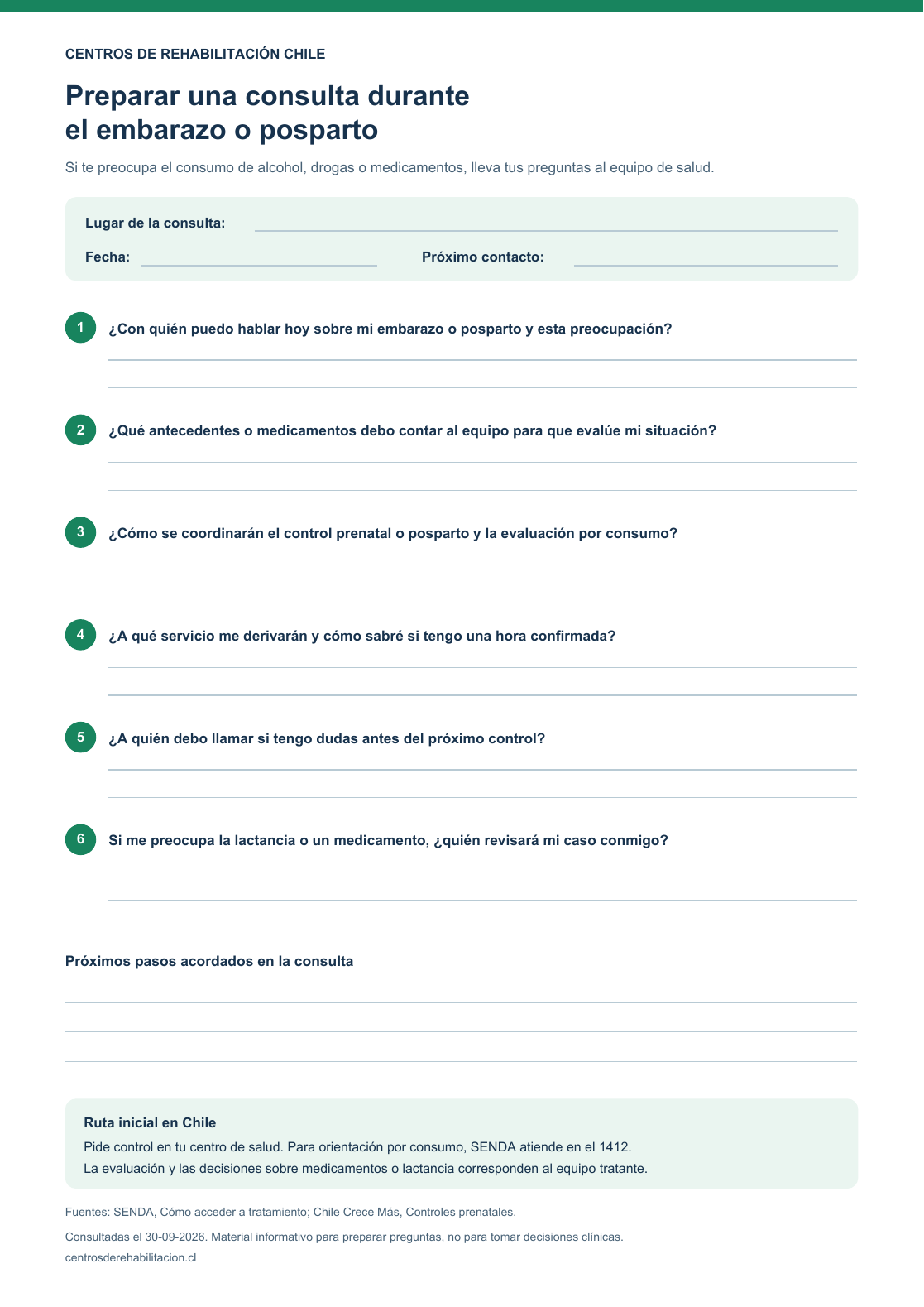 Vista previa de ficha imprimible con seis preguntas para el equipo de salud y espacio para anotar próximos pasos