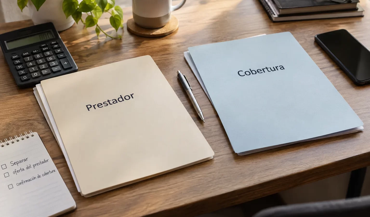 Carpetas Prestador y Cobertura junto a una calculadora para contrastar respuestas