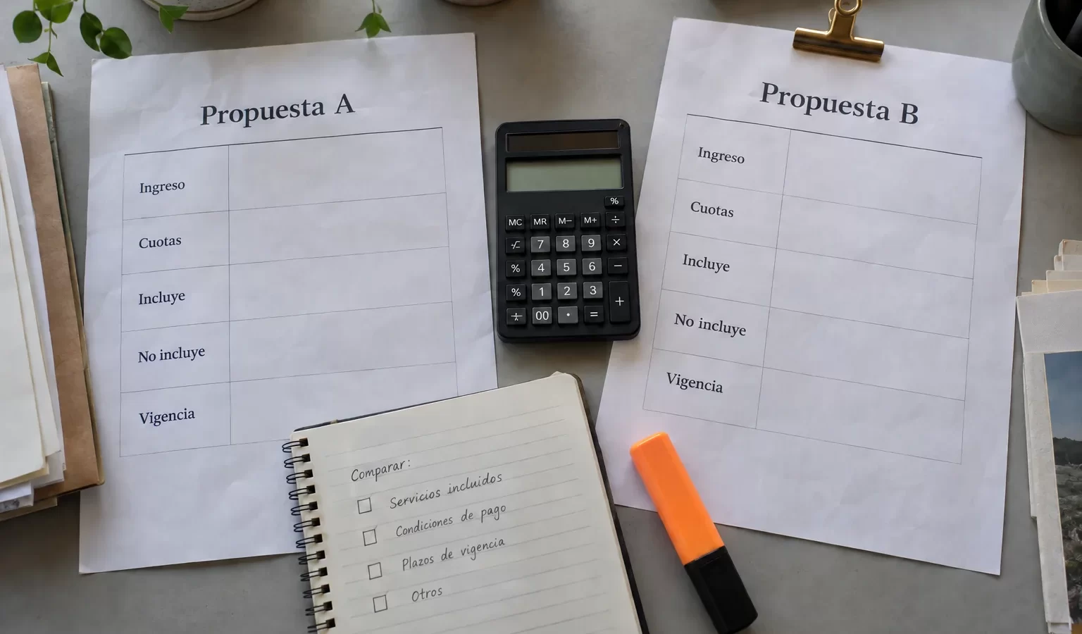 Dos propuestas con campos de ingreso, cuotas, servicios incluidos y vigencia junto a una calculadora.