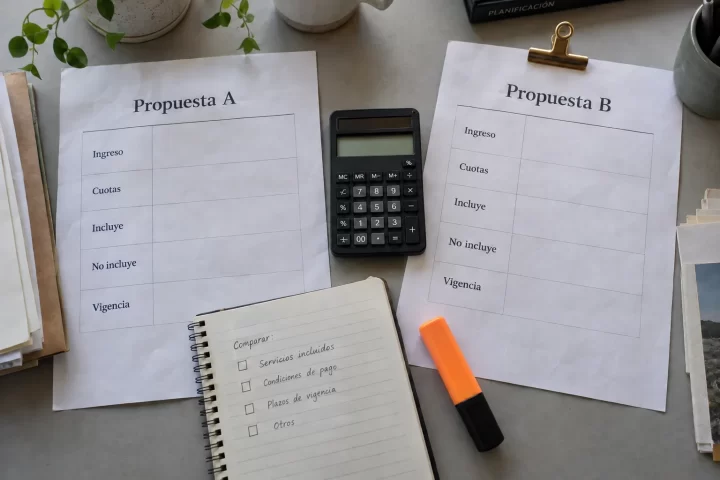 Dos propuestas con campos de ingreso, cuotas, servicios incluidos y vigencia junto a una calculadora.