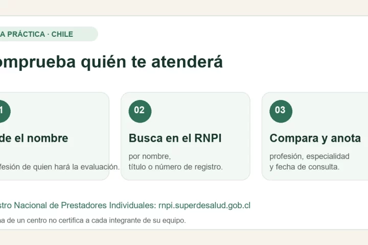 Tres pasos: pedir nombre y profesión, buscar en el RNPI y comparar los datos con fecha de consulta.