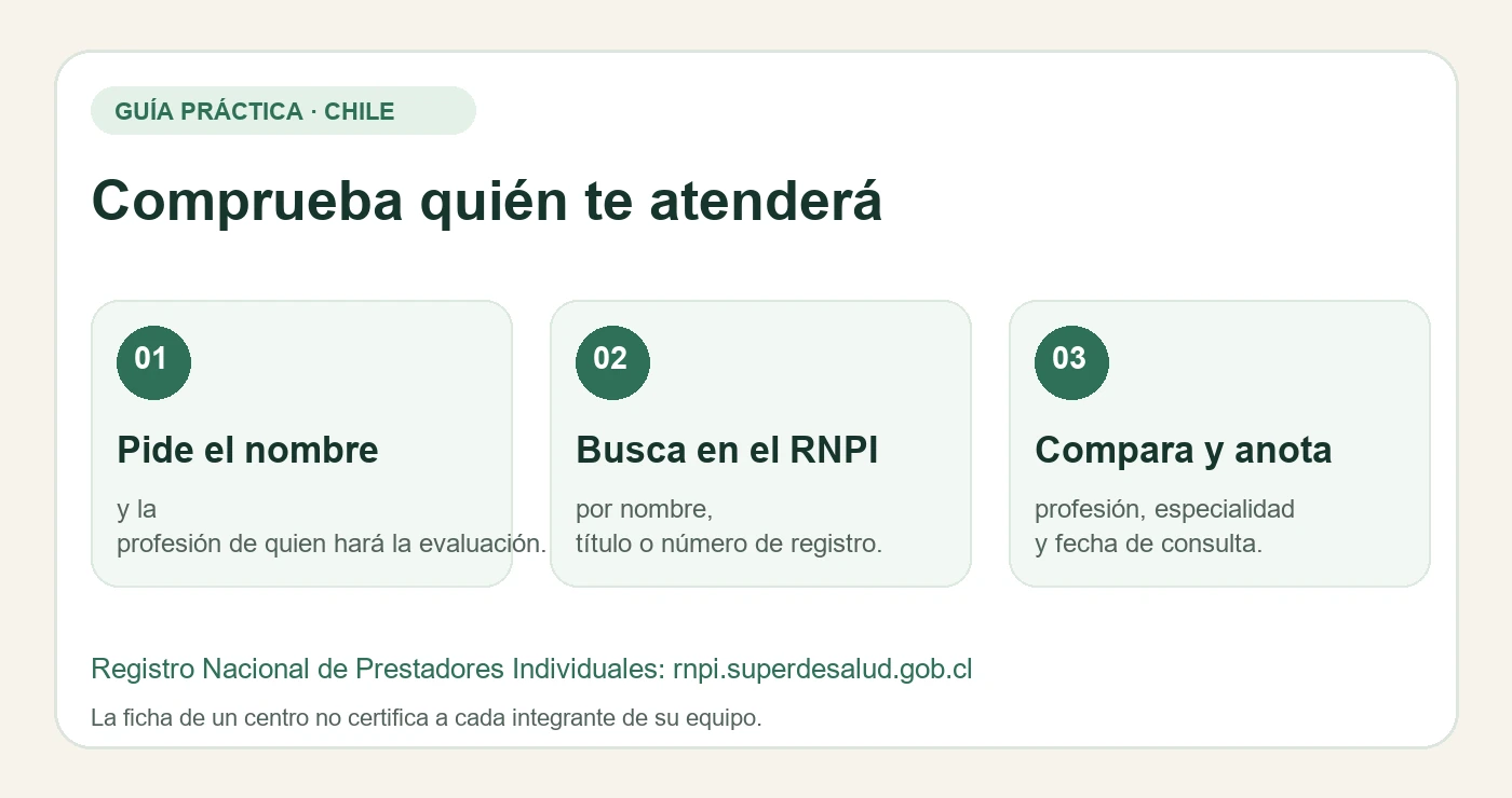 Tres pasos: pedir nombre y profesión, buscar en el RNPI y comparar los datos con fecha de consulta.