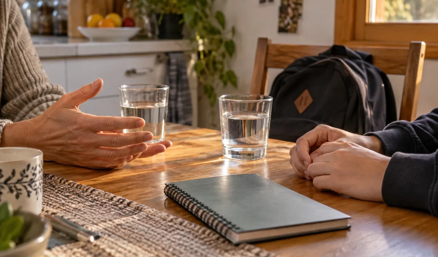 Manos de un adulto y un adolescente durante una conversación en una mesa familiar