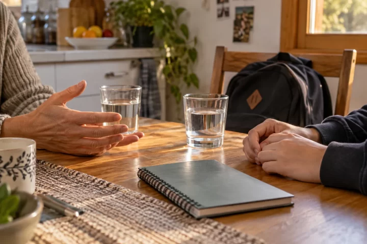 Manos de un adulto y un adolescente durante una conversación en una mesa familiar