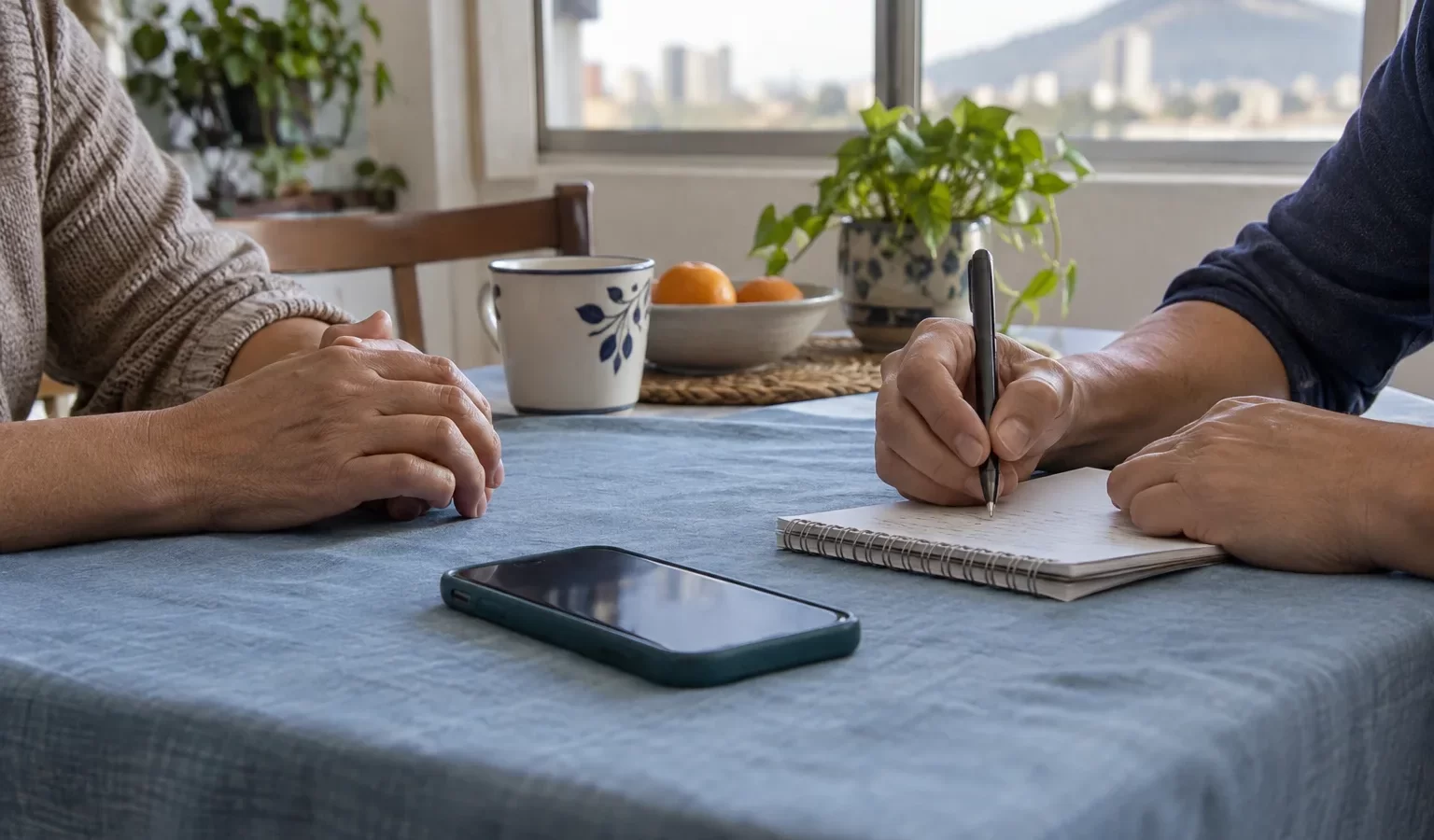 Manos de dos adultos conversando alrededor de un cuaderno en una mesa de casa.