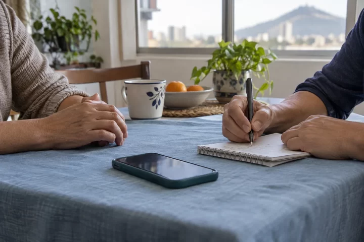 Manos de dos adultos conversando alrededor de un cuaderno en una mesa de casa.