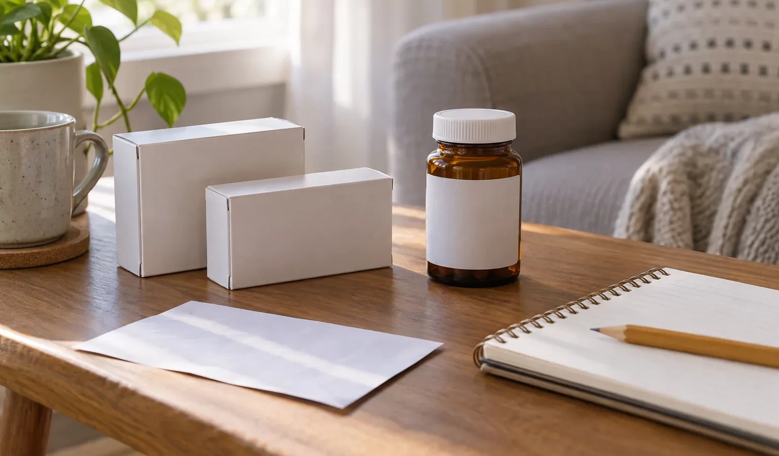 Envases sin marca, receta cerrada y libreta para organizar una consulta sobre medicamentos