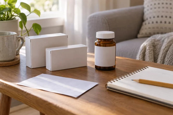Envases sin marca, receta cerrada y libreta para organizar una consulta sobre medicamentos
