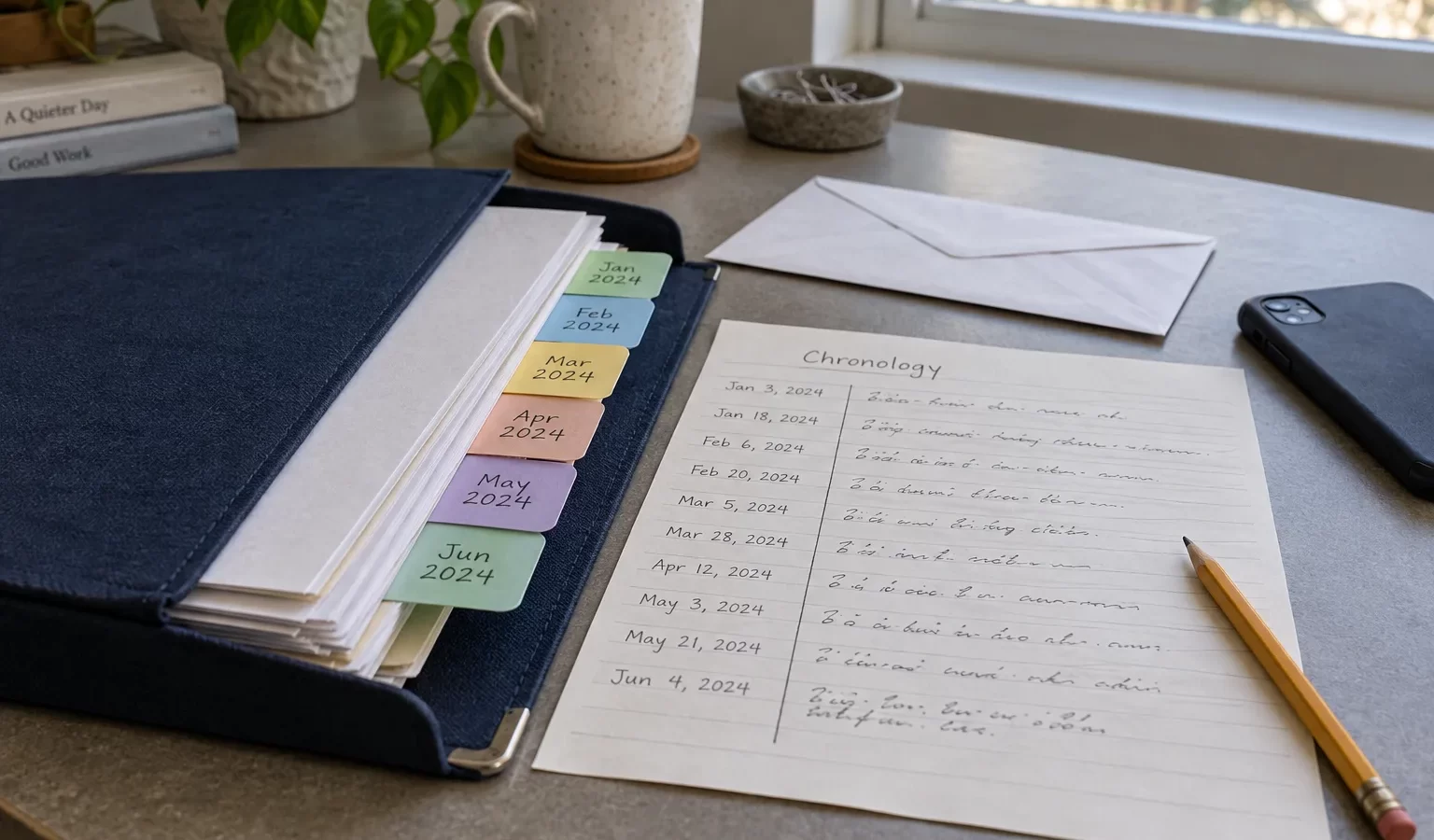 Carpeta y hoja de cronología para ordenar documentos antes de una consulta o reclamo.
