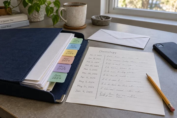 Carpeta y hoja de cronología para ordenar documentos antes de una consulta o reclamo.