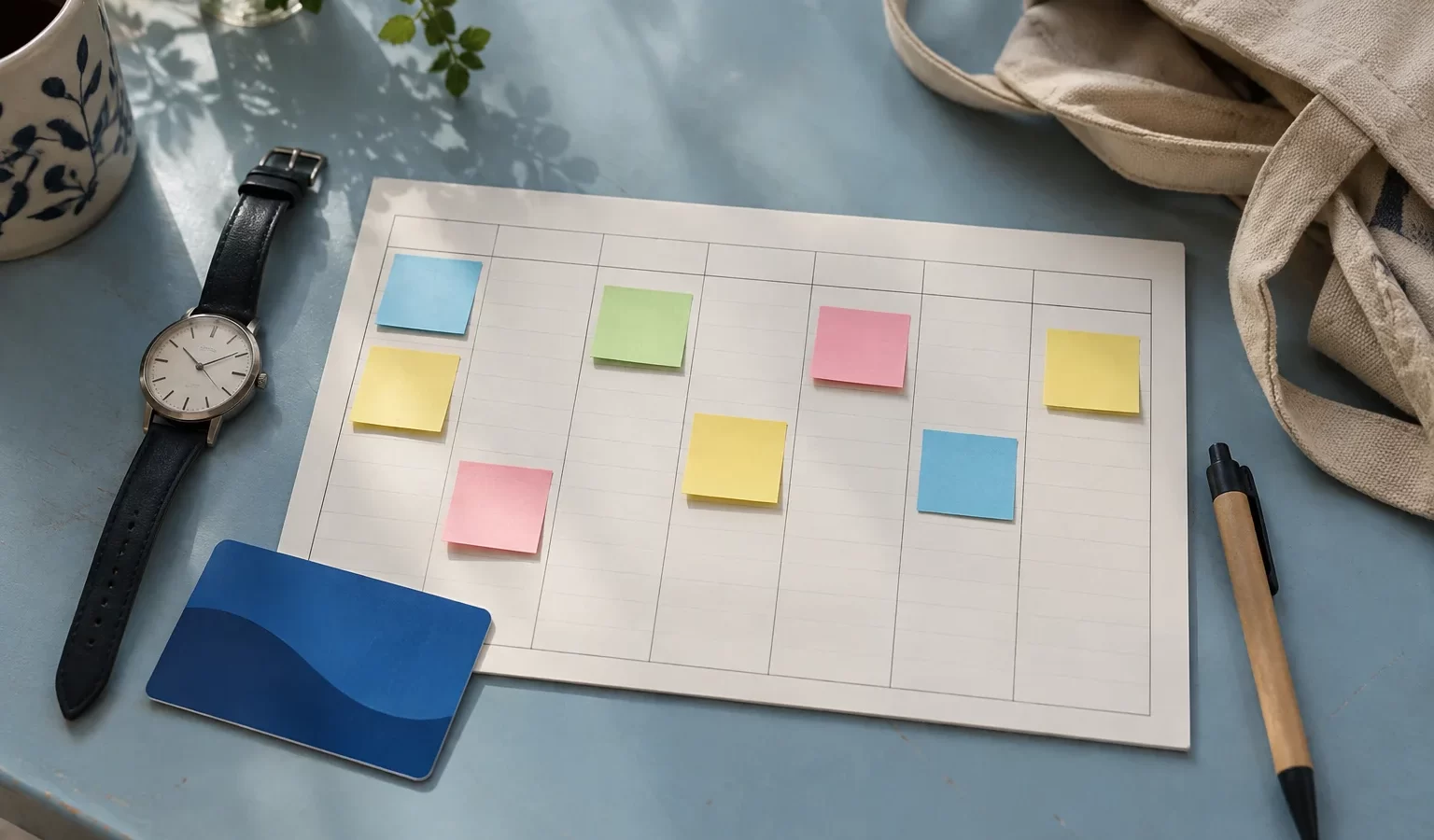 Planificador semanal con notas de colores, reloj y tarjeta de transporte para organizar visitas.