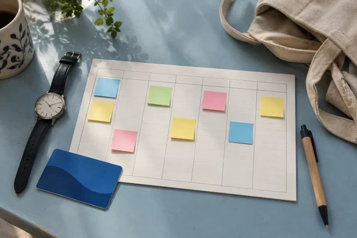 Planificador semanal con notas de colores, reloj y tarjeta de transporte para organizar visitas.
