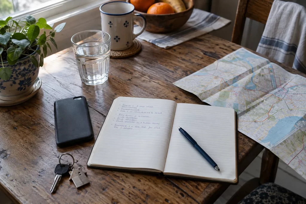 Cuaderno, teléfono y preguntas preparadas en una mesa antes de consultar por atención.