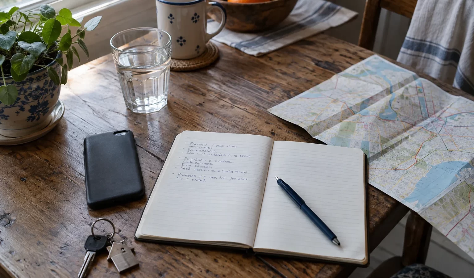 Cuaderno, teléfono y preguntas preparadas en una mesa antes de consultar por atención.