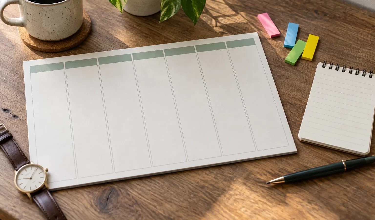 Planificador en blanco, reloj y notas para registrar citas y acuerdos de un programa