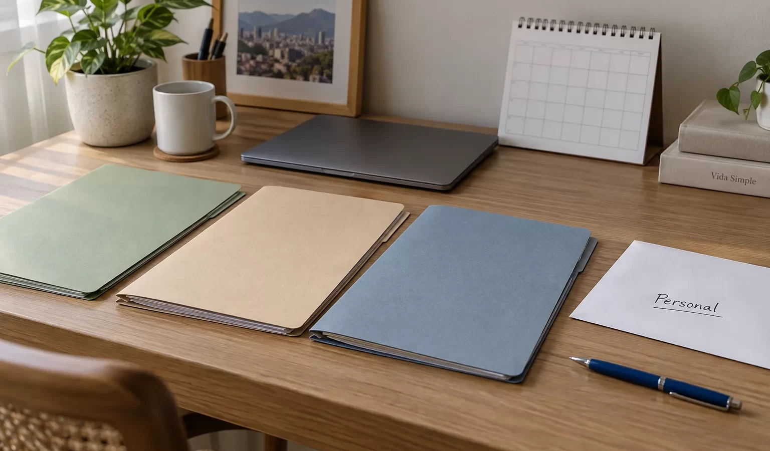 Carpetas separadas, sobre personal y calendario para ordenar un trámite laboral