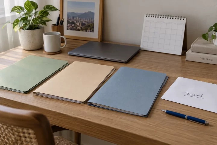 Carpetas separadas, sobre personal y calendario para ordenar un trámite laboral